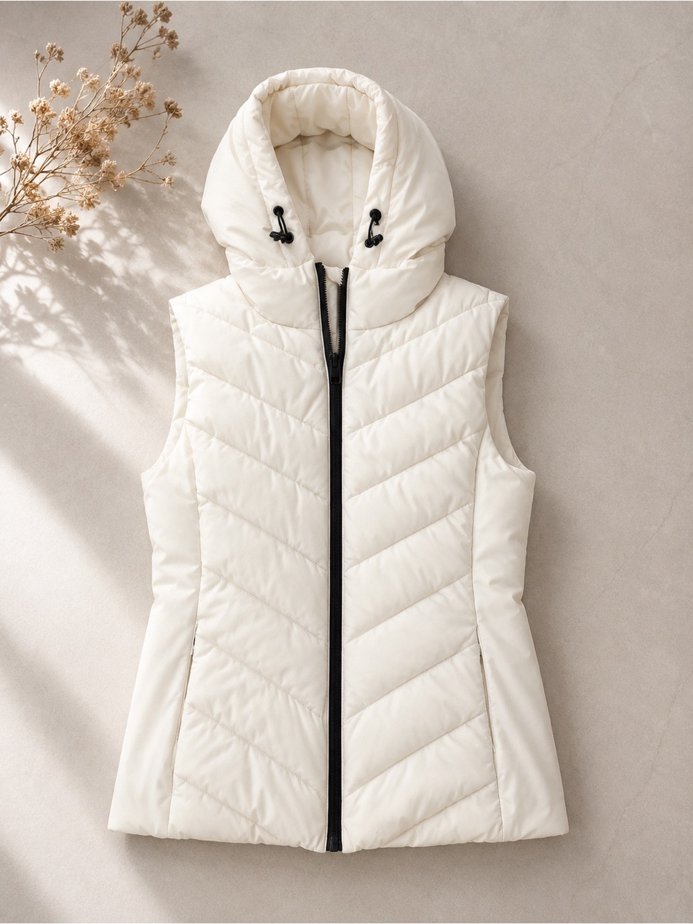 Zara Cream Quilted Hooded Puffer Vest with Black Zipper